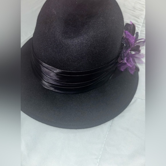 Suede Black Hat with Purple Floral Accent - Picture 3 of 3